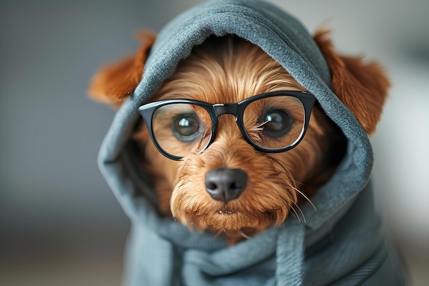 Um cão vestindo um capuz e óculos