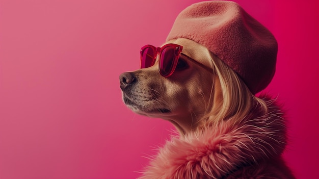 um cão vestindo um chapéu rosa e óculos de sol está vestindo um Chapéu rosa