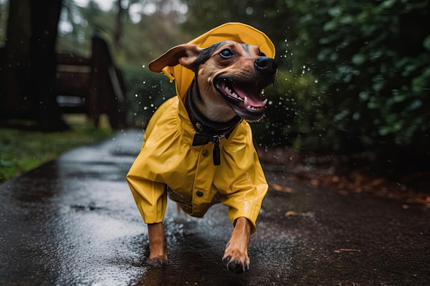 Um cão vestindo um impermeável amarelo na chuva Generative Ai