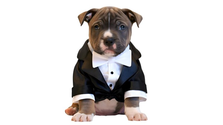 Foto um cão vestindo um smoking e um smoking recorte sem fundo de um cachorro de pitbull alegre