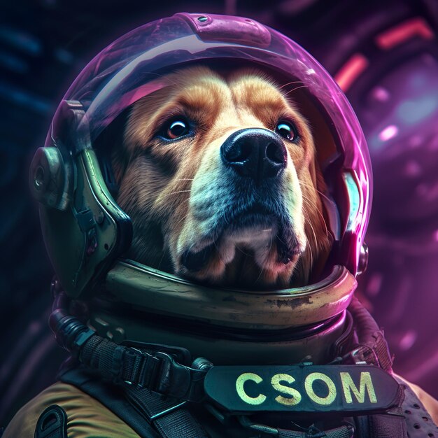 um cão vestindo um terno de astronauta e capacete flutuando na colorida nebulosa do universo espacial