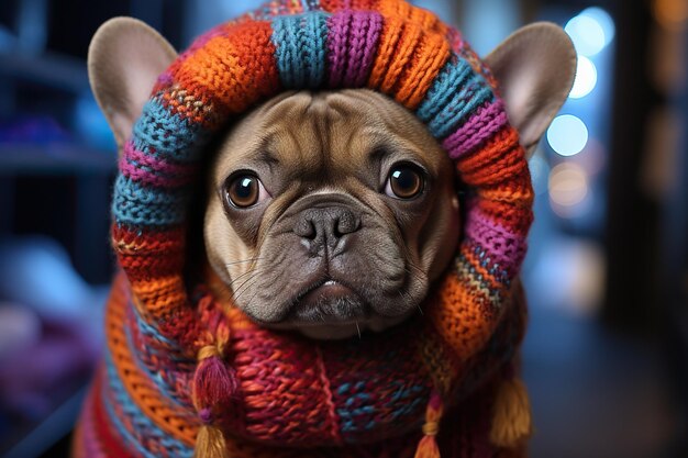 Um cão vestindo uma camisola de inverno colorida