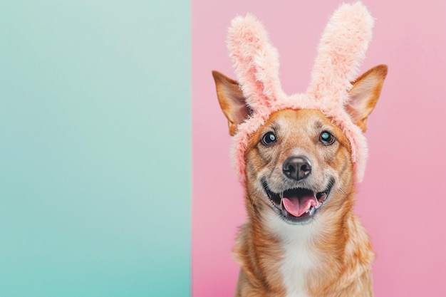 um cão vestindo uma faixa de coelho