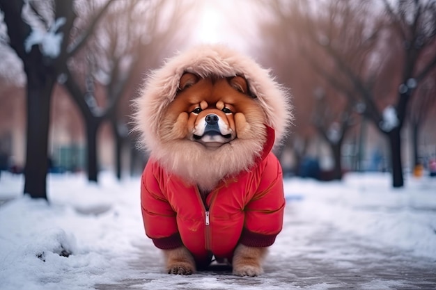 Um cão vestindo uma jaqueta vermelha na neve