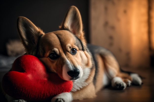 Um cão welsh corgi mentiroso com um brinquedo de coração vermelho Conceito de Dia dos Namorados Generative AI