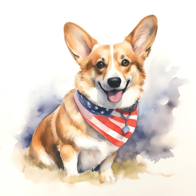 Foto um cãozinho bonito e feliz usando um chapéu do tio sam com a bandeira dos estados unidos em arte digital feliz 4 de julho