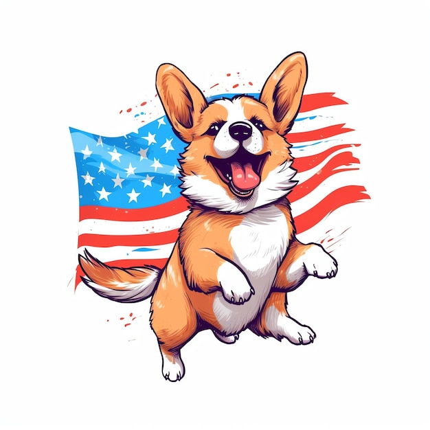 Um cãozinho bonito e feliz usando um chapéu do Tio Sam com a bandeira dos Estados Unidos