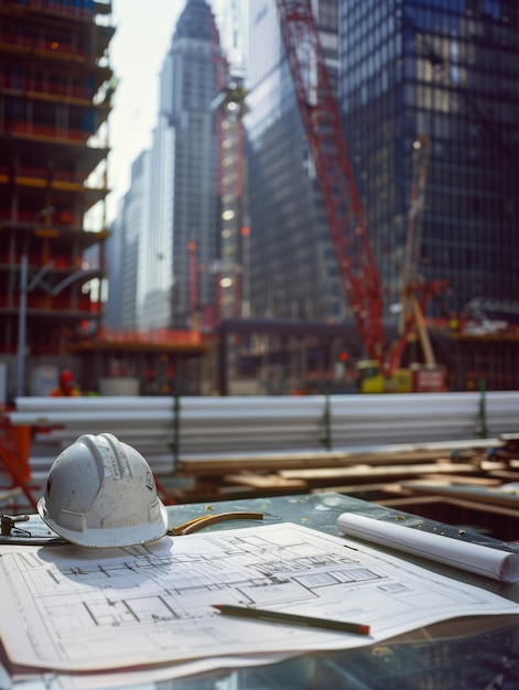 Foto um capacete de construção repousa em cima de um conjunto de planos cercados por várias ferramentas arquitetônicas
