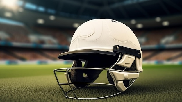 Um capacete de críquete descansando na grama exuberante do estádio