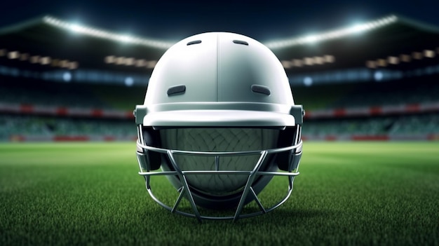 Um capacete de críquete descansando na grama exuberante do estádio