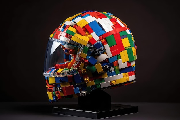 Foto um capacete de lego feito de tijolos de lego é exibido em um fundo preto.