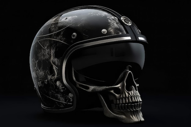 Um capacete de motocicleta preto com o crânio nele