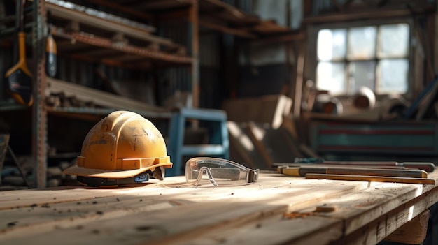 Um capacete de segurança amarelo colocado sobre uma mesa com um cenário industrial no fundo simbolizando a segurança no local de trabalho Espaço de trabalho industrial