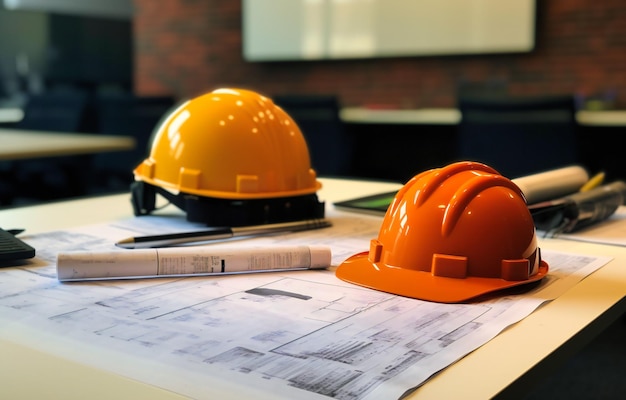 Um capacete e papéis de trabalho em uma mesa em um escritório