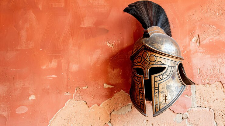 Foto um capacete espartano está pendurado em uma parede vermelha o capacete é feito de bronze e tem uma pluma preta a parede é feita de pedra e tem uma textura áspera