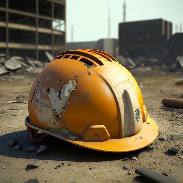Um capacete laranja em cima de uma pilha de escombros Generative AI