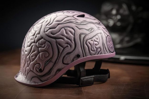 Um capacete rosa com o cérebro nele