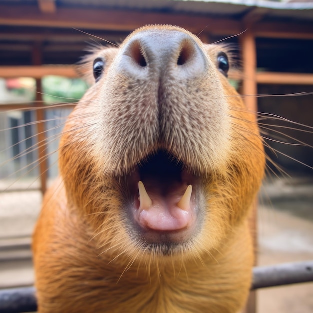 Um capibara em um zoológico há grandes dentes dianteiros e pés palmeados