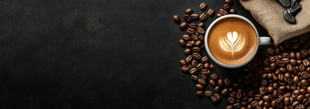 Um cappuccino sentado elegantemente em cima de uma pilha de grãos de café ricos