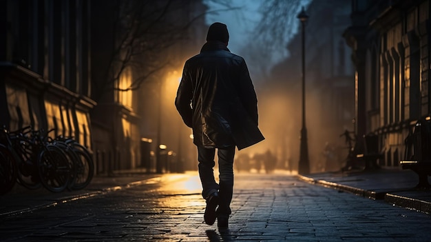 Foto um cara caminhando pela rua, vista de trás.