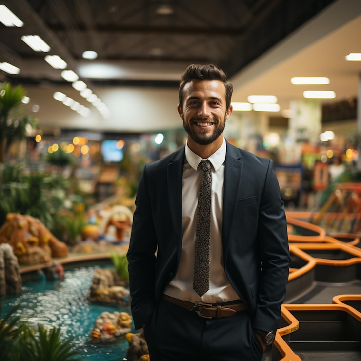 Foto um cara financeiro da marina em um campo de minigolfe coberto