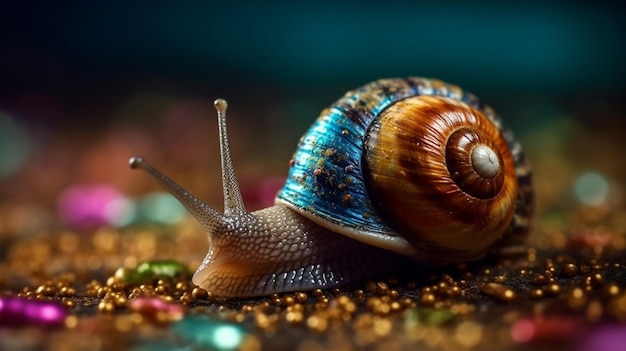 Um caracol azul com uma conta de ouro em sua concha