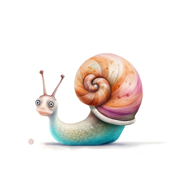 Um caracol colorido com um rosto branco e uma concha roxa no fundo.