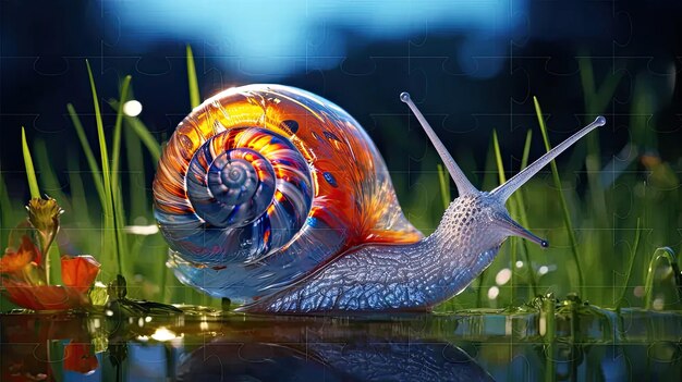 Foto um caracol colorido sentado em cima de um corpo de água