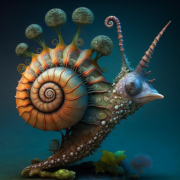 Um caracol com um desenho em espiral está sobre um fundo azul.