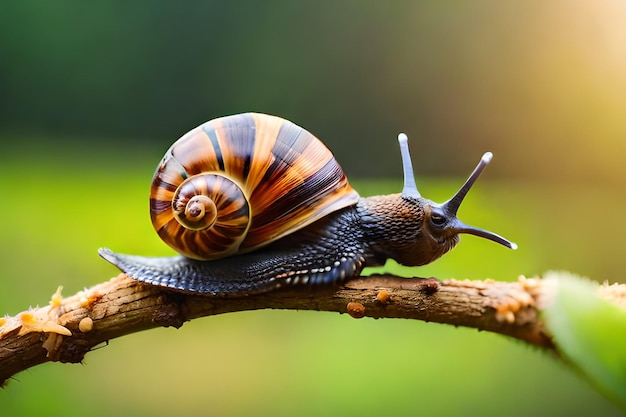 Um caracol com um grande chifre e um grande chifre no rosto está sentado em um galho.