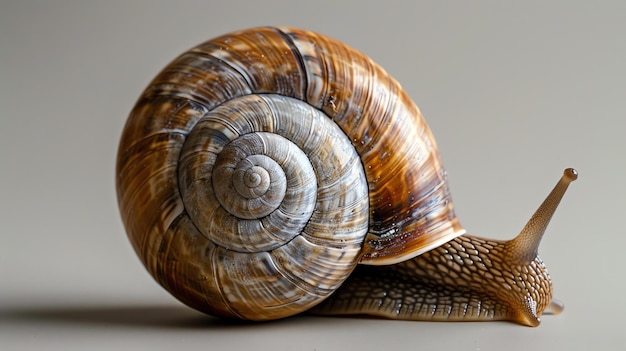 Um caracol com uma concha castanha brilhante está sentado em uma superfície bege O caracol tem dois olhos pretos e um longo pé castanho fino