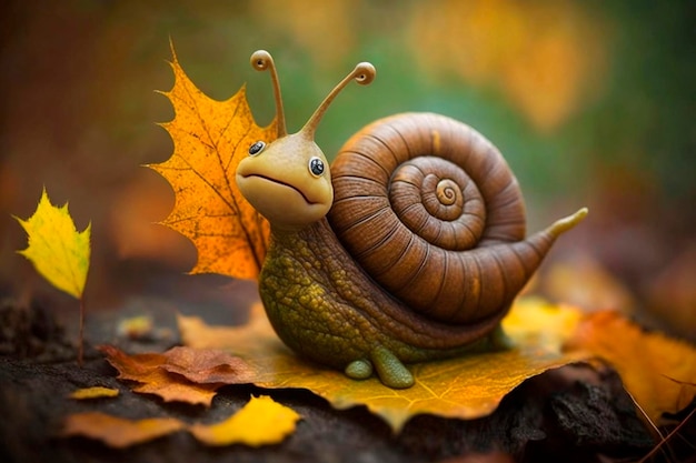 Um caracol com uma folha nele