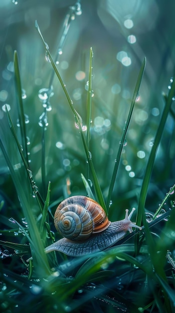 Um caracol cuidadosamente faz o seu caminho através da grama de orvalho sua concha intrincada e características delicadas destacadas contra o fundo suave e desfocado