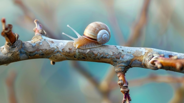 Um caracol descansa num galho de árvore