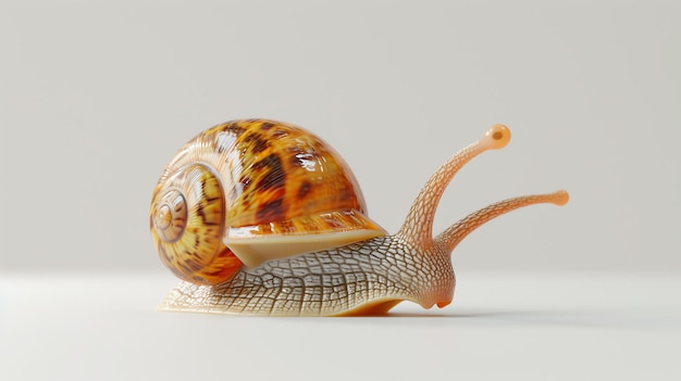 Foto um caracol é uma pequena criatura lenta que vive em uma concha em espiral. tem um corpo longo e viscoso e duas antenas.