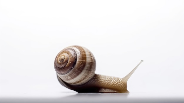 Um caracol é visto em um fundo branco.