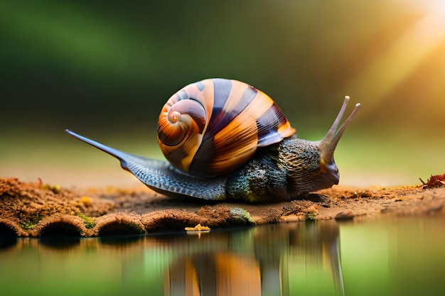 Um caracol é visto em um pequeno lago.