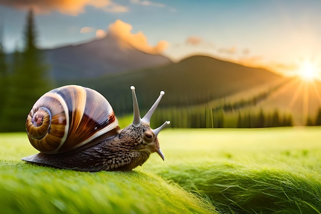 Um caracol em um campo gramado com montanhas ao fundo