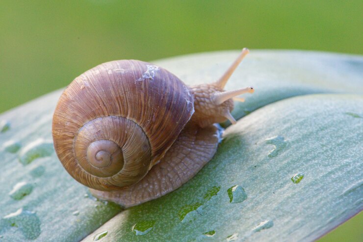 Foto um caracol em uma folha com um fundo verde