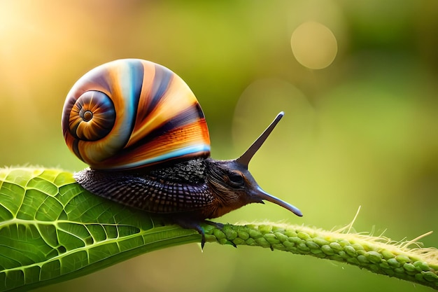 Um caracol em uma folha com um fundo verde