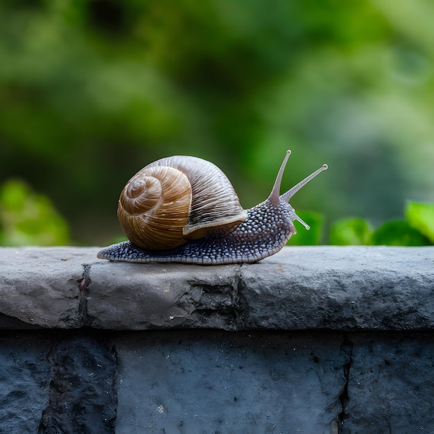 Um caracol em uma parede de pedra, uma foto lenta do movimento da vida selvagem para as redes sociais.