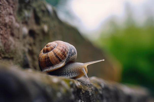 Um caracol em uma rocha com um fundo verde