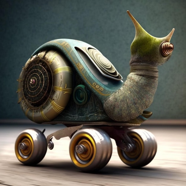 Um caracol está em um skate com a palavra caracol nele.