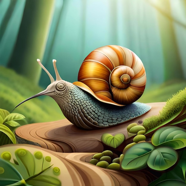 Um caracol está em um tronco com o sol brilhando através das folhas.