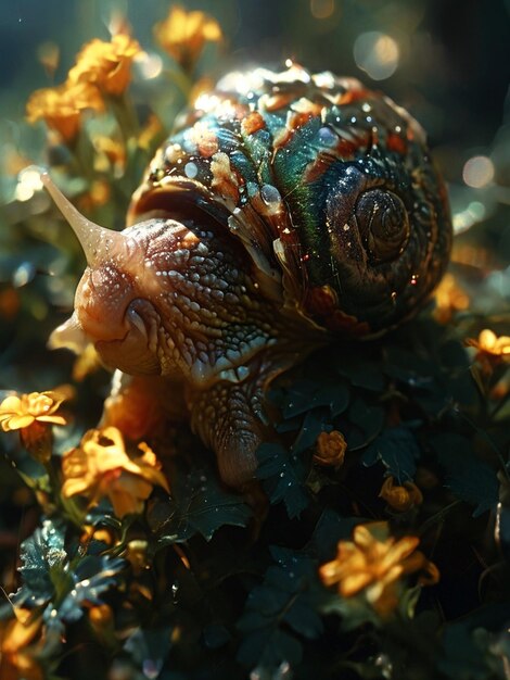 Foto um caracol está sentado em uma planta com flores amarelas