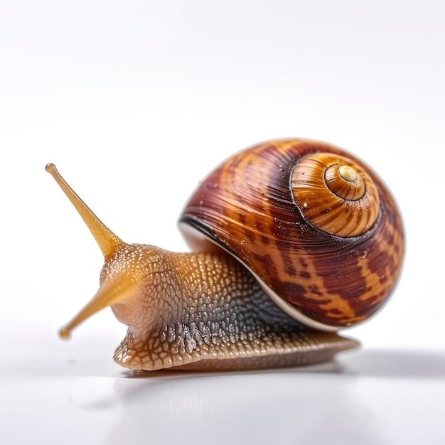 Um caracol está sentado em uma superfície branca com fundo branco.