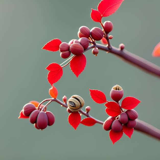 Foto um caracol está sentado nas folhas vermelhas de uma planta.