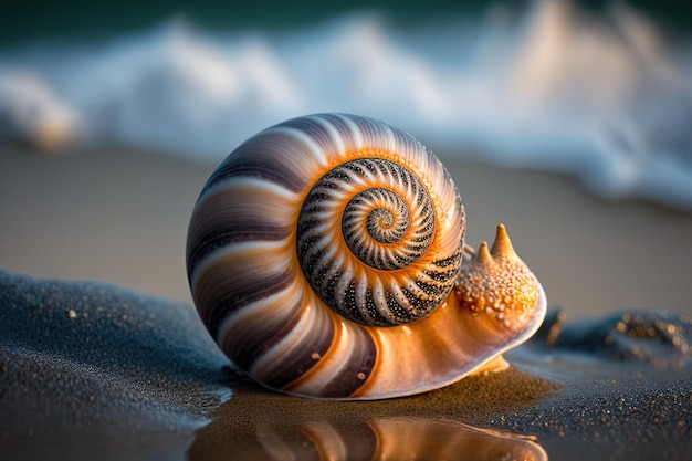 Um caracol marinho à beira-mar é visto de perto