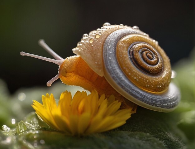 Foto um caracol na cabeça está numa flor.