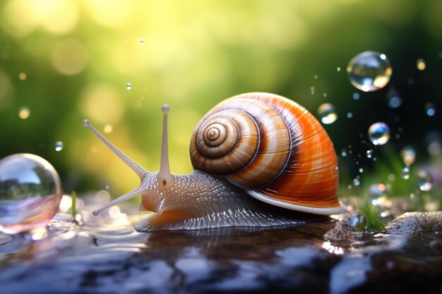 Um caracol rastejando ao longo de uma superfície úmida em gotas de água em close-up